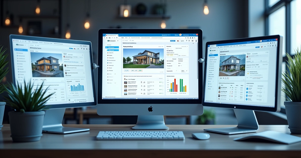 Telas de software imobiliário mostrando integração com portais e redes sociais.