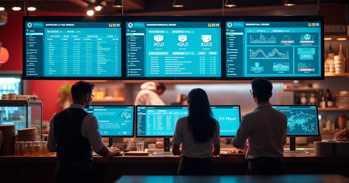 Telas integradas de sistemas de restaurante mostrando pedidos, estoque e relatórios em tempo real 
