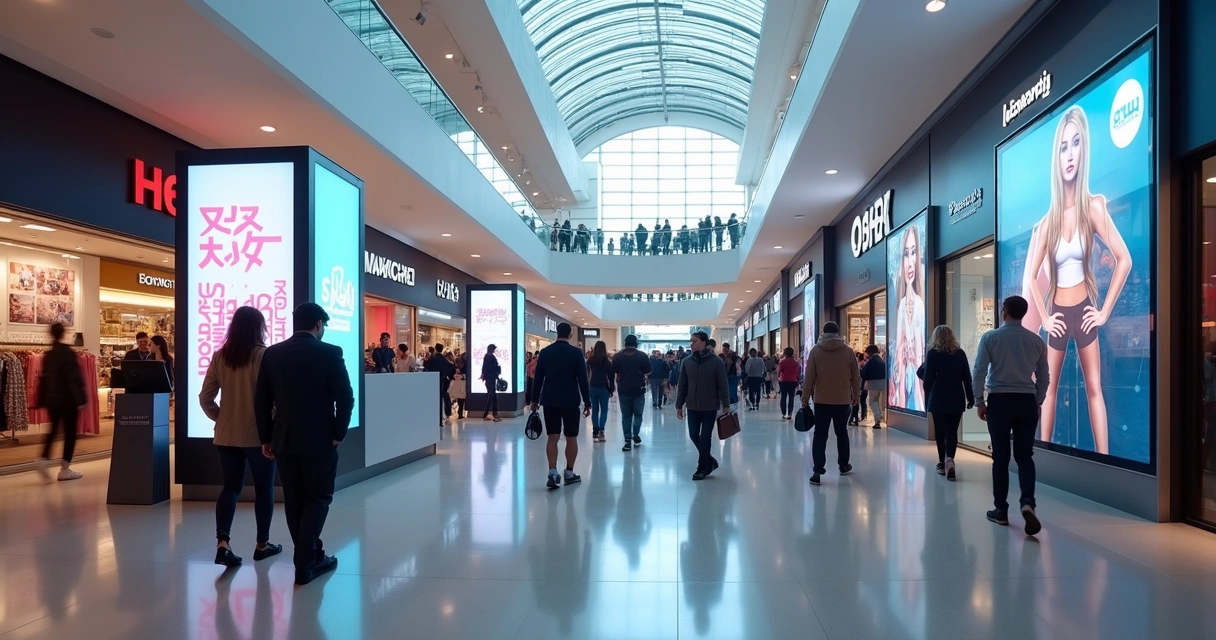 Telas digitais em shopping center exibindo diferentes anúncios 