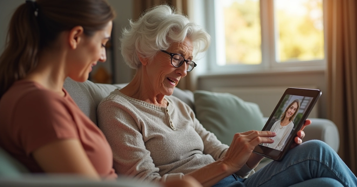Idosa usando tablet com ajuda de neta 