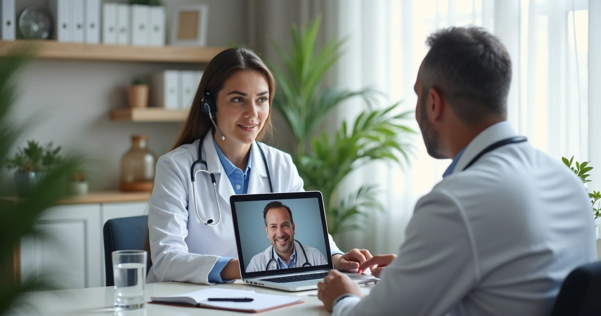 Médico em teleconsulta com paciente no notebook