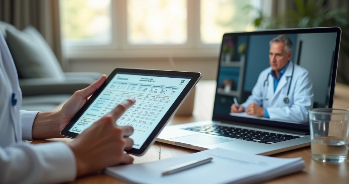 Paciente em teleconsulta mostrando exames digitais
