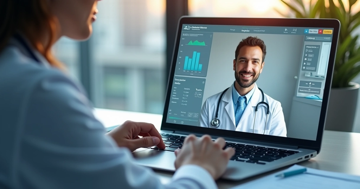 Teleconsulta com prontuário e dados de sintomas na tela 