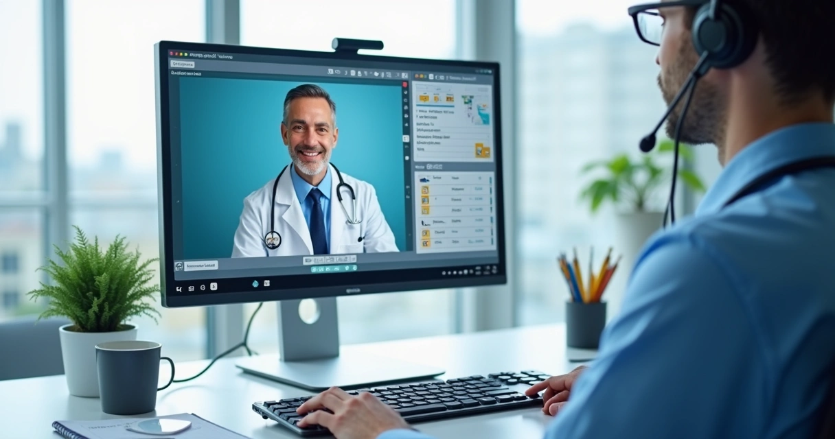 Médico em teleconsulta com dados de triagem na tela 