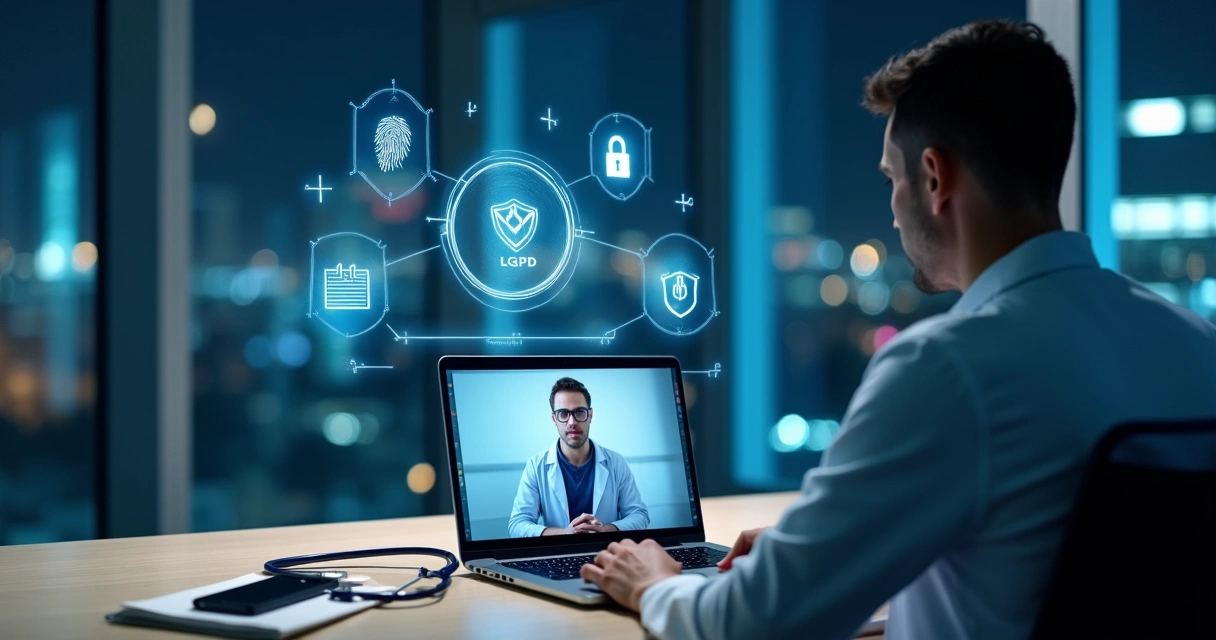 Médico em teleconsulta com ícones de proteção de dados ao redor da tela 