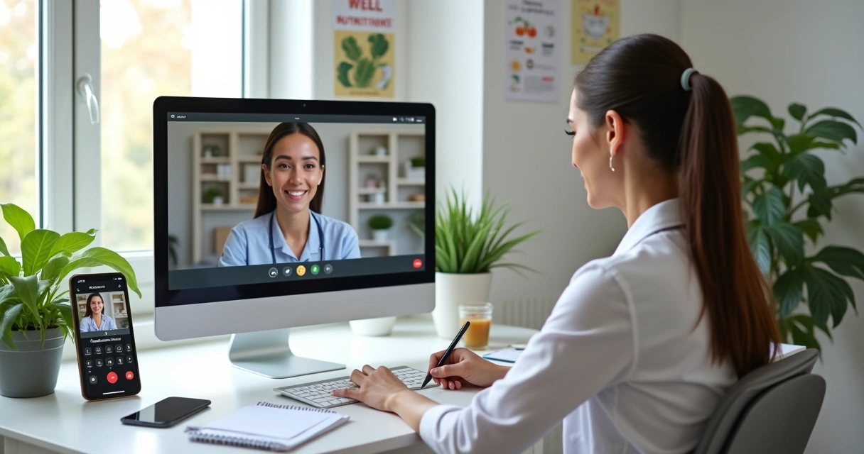 Nutricionista em teleconsulta via vídeo chamada em ambiente profissional organizado