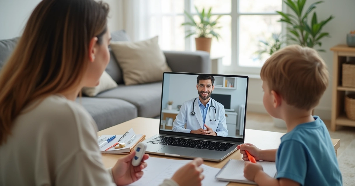 Responsável e criança em teleconsulta pediátrica em casa 