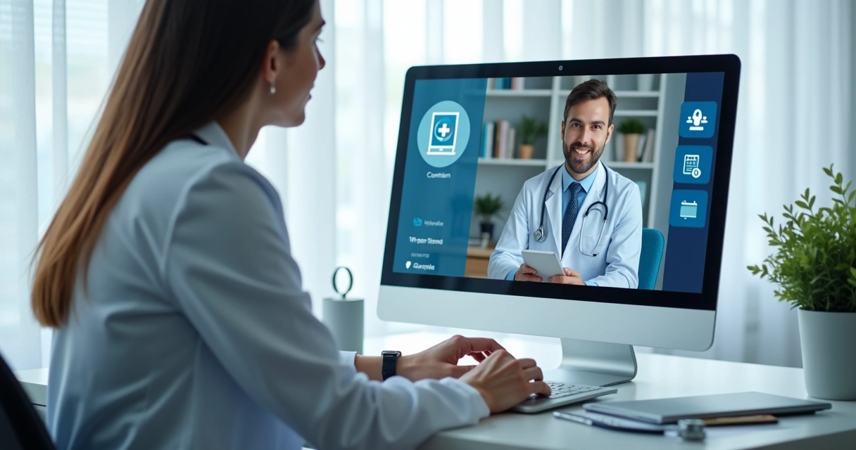 Médico em teleconsulta com prontuário digital na tela