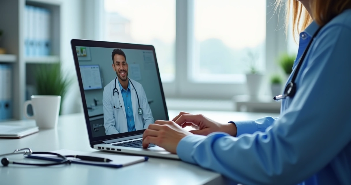 Médico em teleconsulta com prontuário digital aberto 