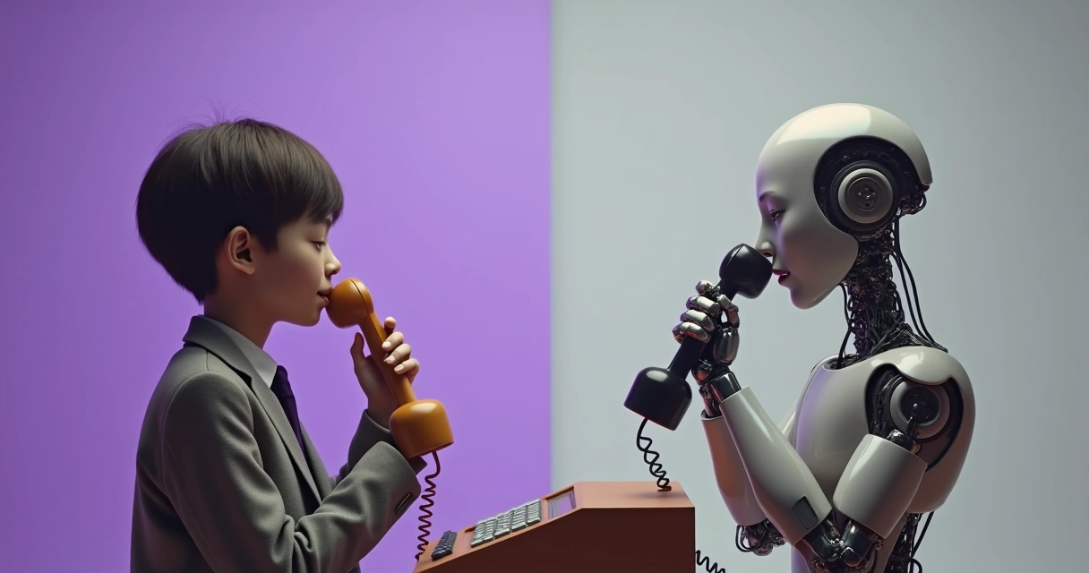 Pessoa à esquerda e robô à direita conversando telefone clássico 