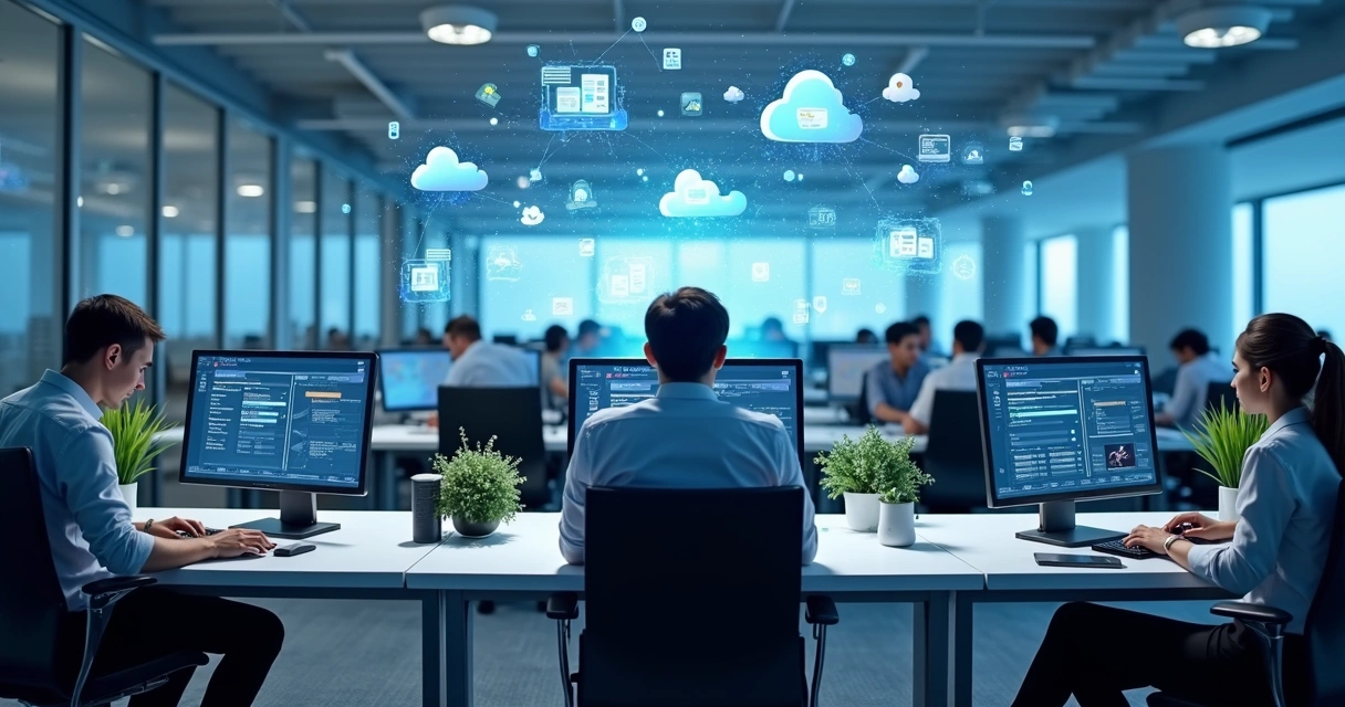 Equipe de escritório usando computadores e telefones IP em ambiente corporativo 