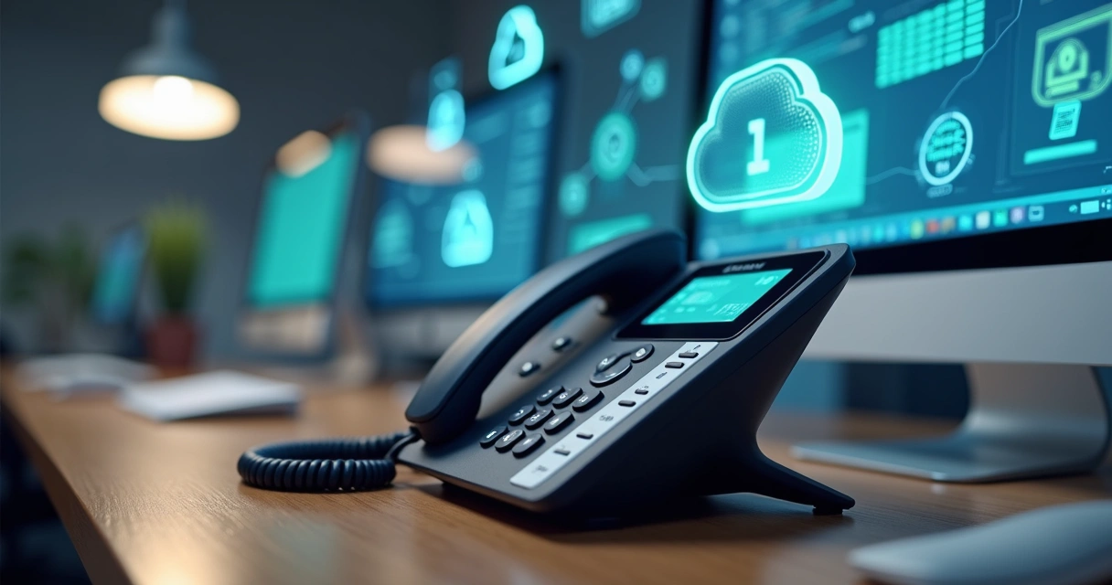 Telefone fixo digital moderno sobre mesa com ícones de ligação e nuvem ao fundo