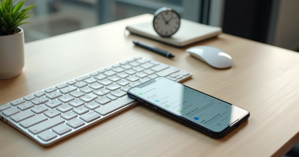 Tela de smartphone exibindo poucas notificações organizadas sobre mesa clara de escritório 
