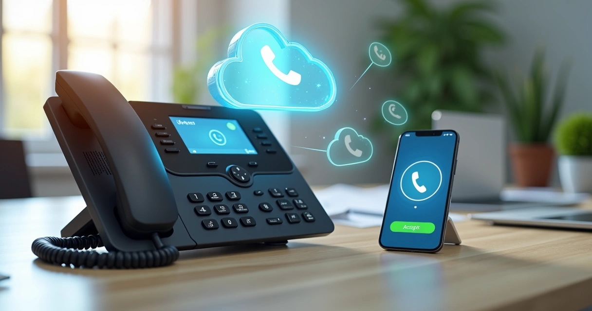 Telefone moderno exibindo uma chamada sendo redirecionada para um celular, mostrando conexão via nuvem digital 