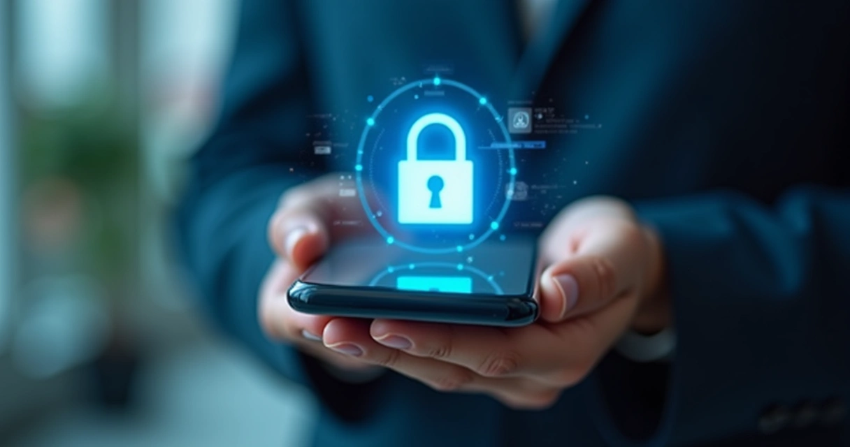 Pessoa segurando celular com tela de cadeado digital 