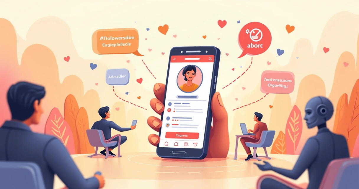 Ilustração de um smartphone com perfil Instagram, destacando conteúdo de qualidade e interações autênticas.