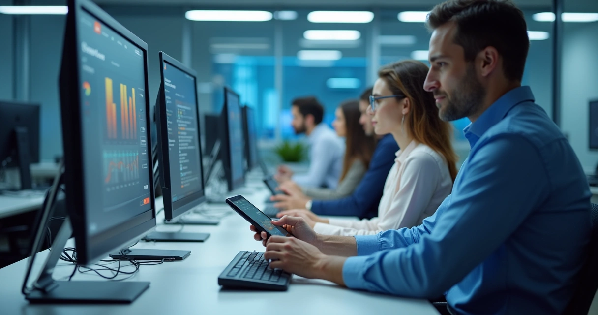 Funcionários de uma empresa usando softphones e smartphones conectados a uma central de VoIP em um escritório moderno. 