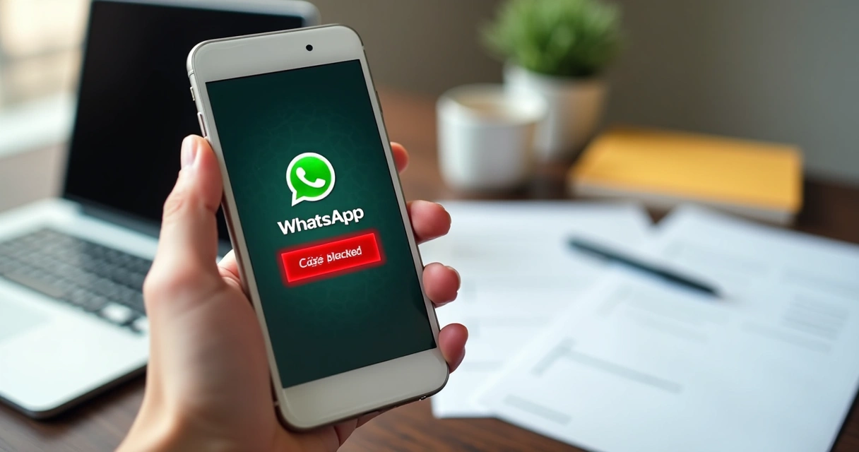 Celular com tela do WhatsApp bloqueado e mensagem de aviso em fundo branco 