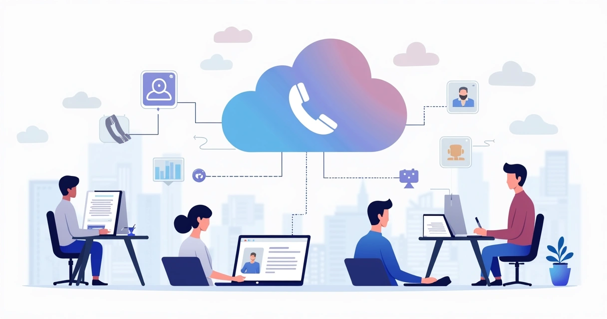 Conceito de telefonia em nuvem com central em nuvem conectando vários dispositivos empresariais 