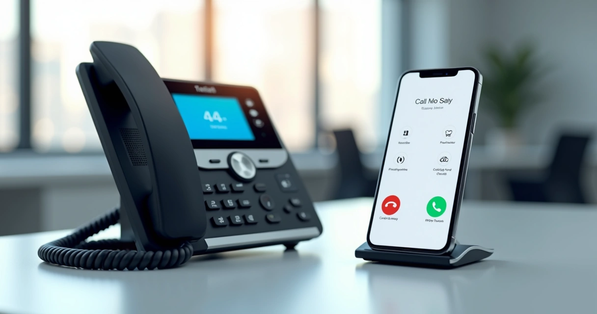 Mesa com telefone fixo digital ao lado de smartphone mostrando aplicativo de telefonia VoIP 