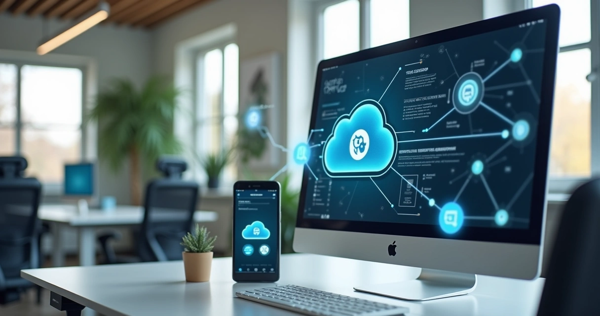 Computador e smartphone exibindo aplicativo de telefonia VoIP em nuvem em ambiente empresarial moderno 