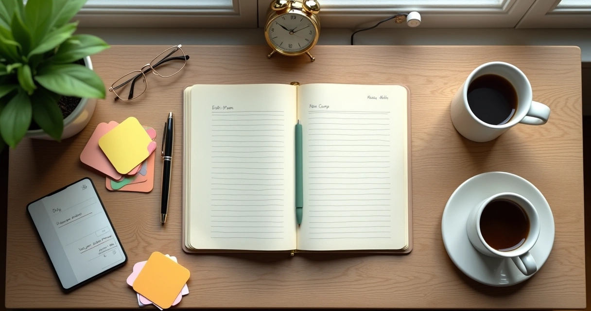 Teléfono junto a agenda y taza sobre escritorio desordenado