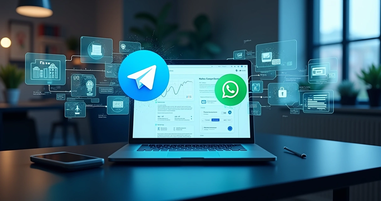 Comparação entre Telegram e WhatsApp conectados a um painel de automação em um notebook 