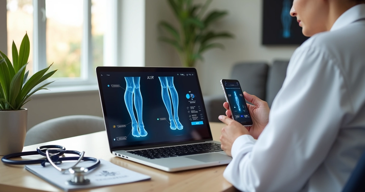 Consulta vascular por telemedicina com foco em pernas na tela do notebook 
