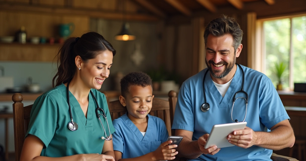 Equipe de saúde usando tablet em consulta remota em zona rural.