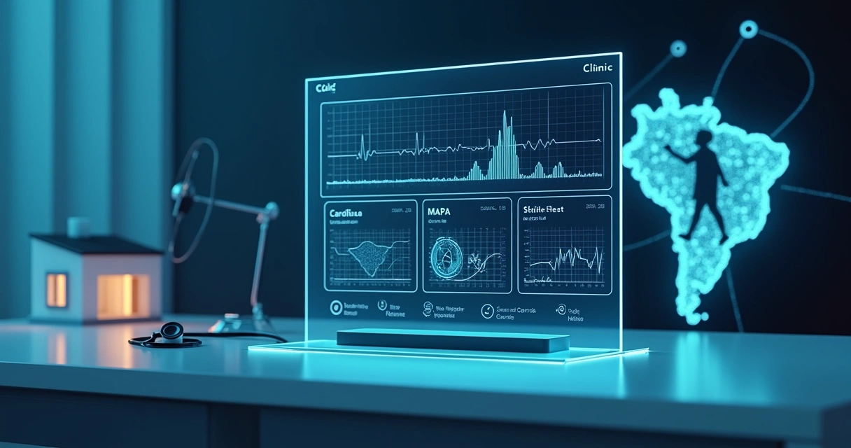 Mapa do Brasil com conexão digital ligando clínica e cardiologista remoto 
