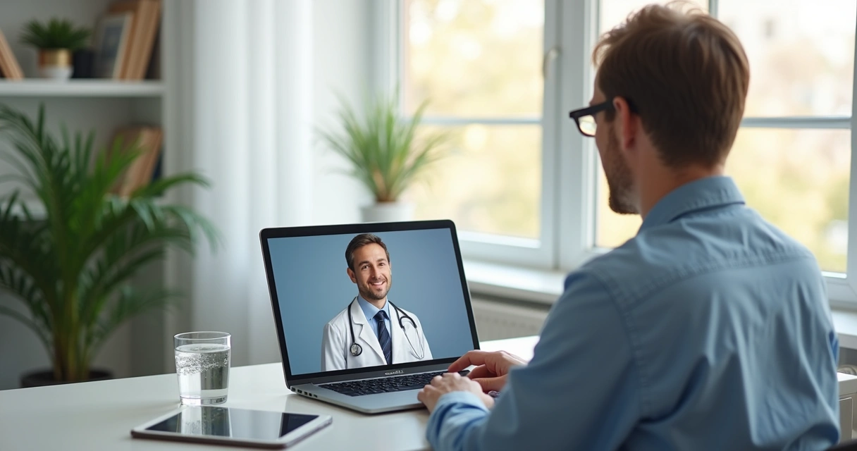 Paciente em consulta médica online por videochamada em ambiente claro 