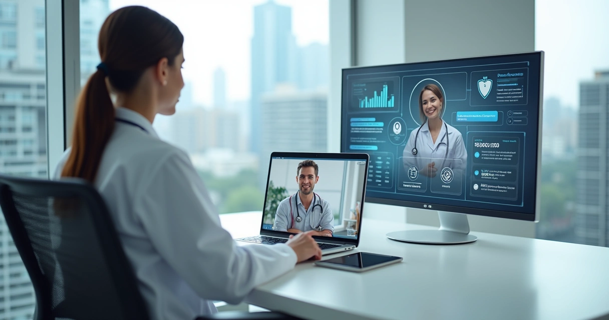Médico realizando teleconsulta em clínica com paciente na tela do laptop 