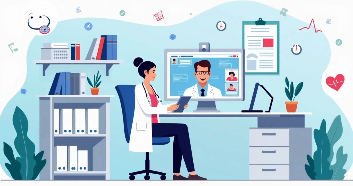 Médico usando telemedicina em consultório com paciente por videochamada em tela de computador 