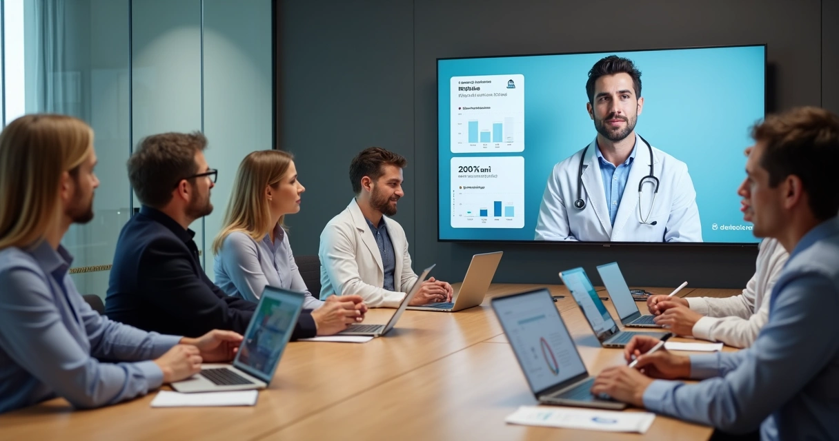 Equipe multicisciplinar acompanha consulta de telemedicina corporativa em telão de sala de reunião 