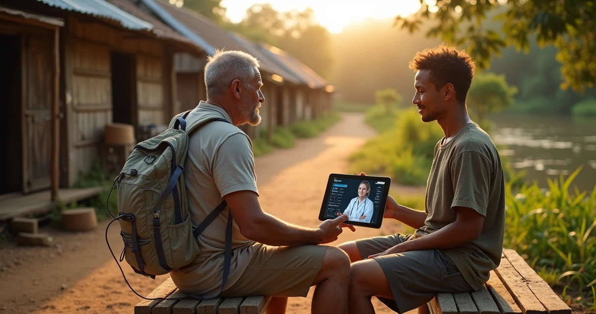 Coletor de exames em vila remota usando tablet para enviar dados a médica na tela 