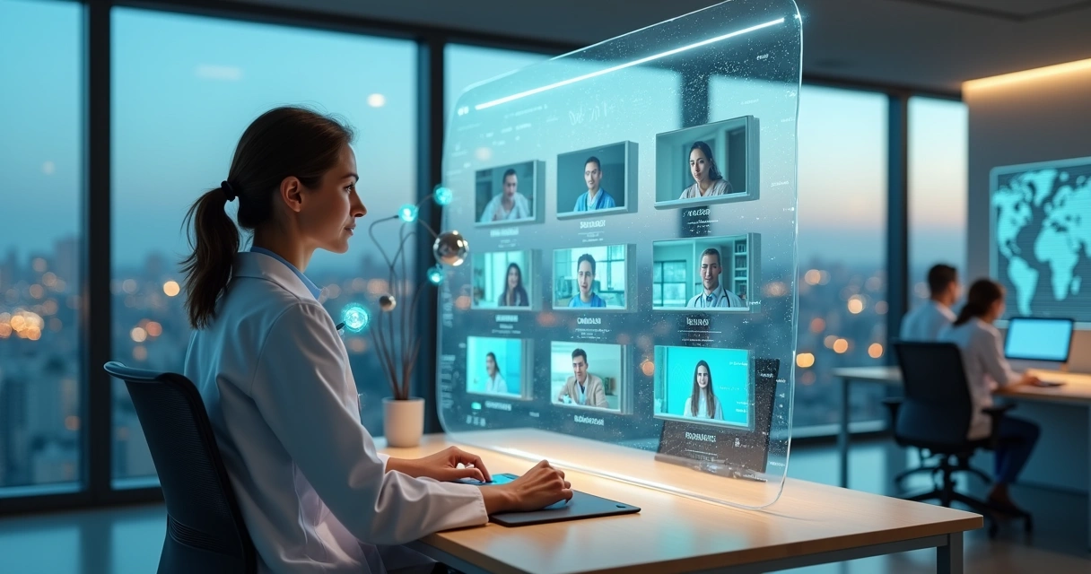Médica em sala com janelas virtuais atendendo pacientes por telemedicina 