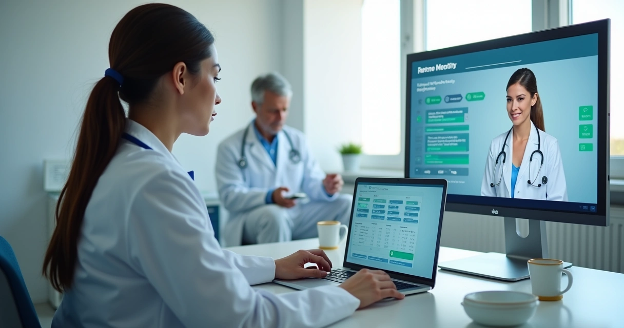 Profissional de saúde em telemedicina com histórico do paciente na tela 