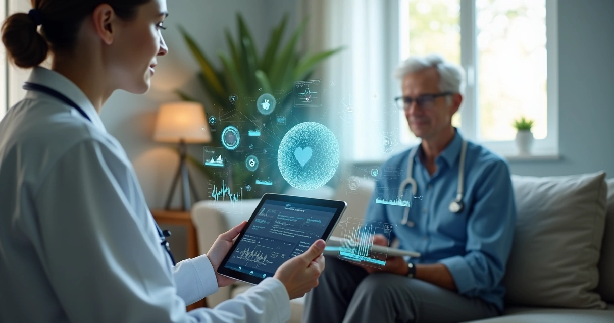 Profissional de saúde realizando teleconsulta com paciente em casa por meio de tablet, com gráficos e dados digitais ao redor mostrando monitoramento remoto e inteligência artificial 