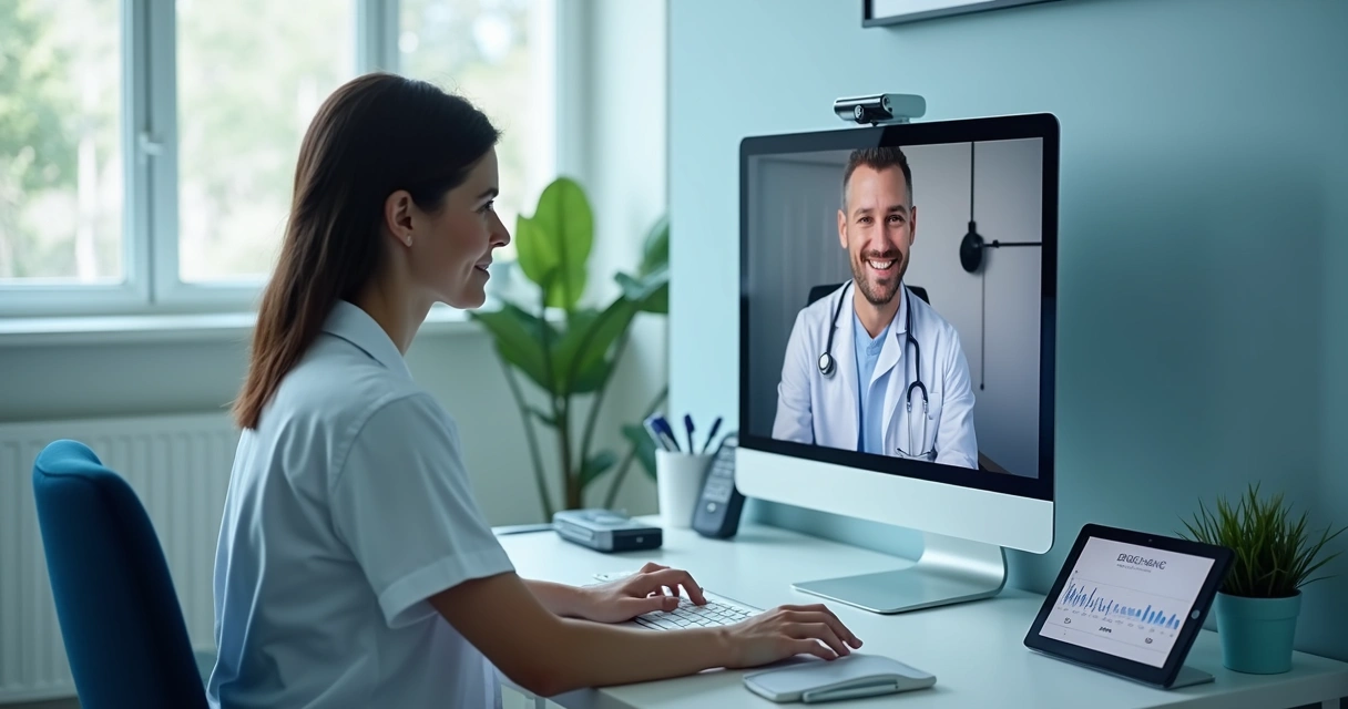Atendimento de telemedicina em ambiente clínico com tecnologia moderna 