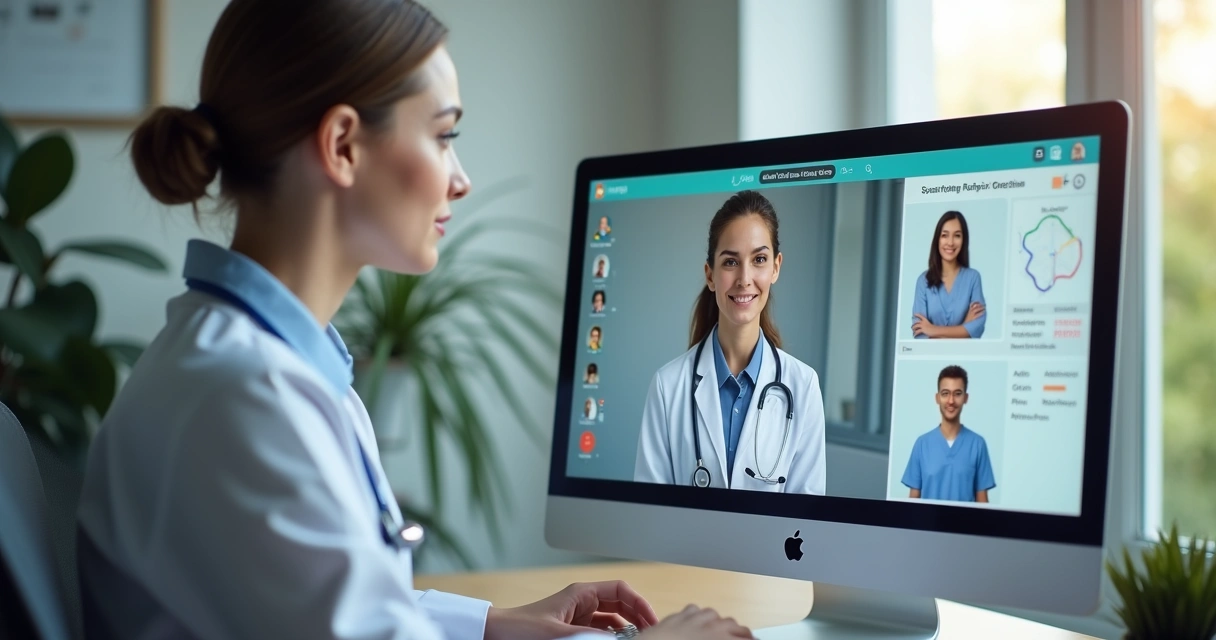 Videoconsulta em clínica médica com prontuário aberto na tela 