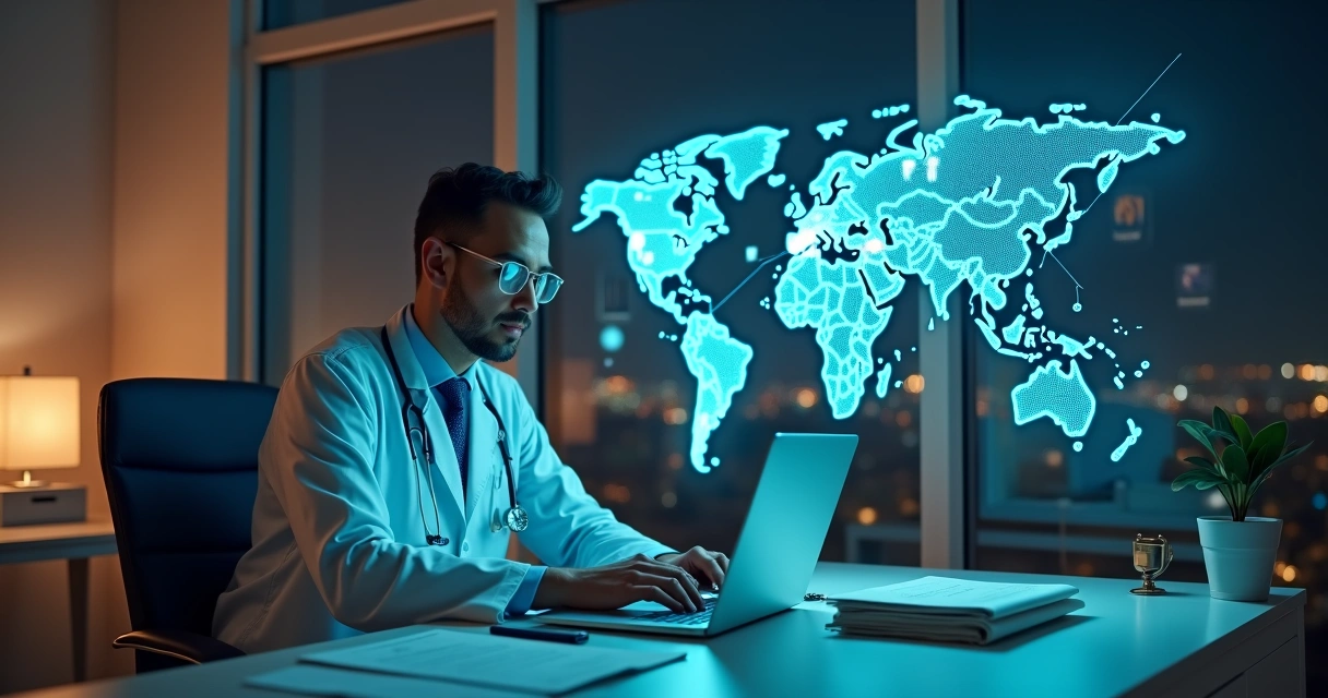 Médico observando holograma de mapa digital com símbolos de saúde e justiça 