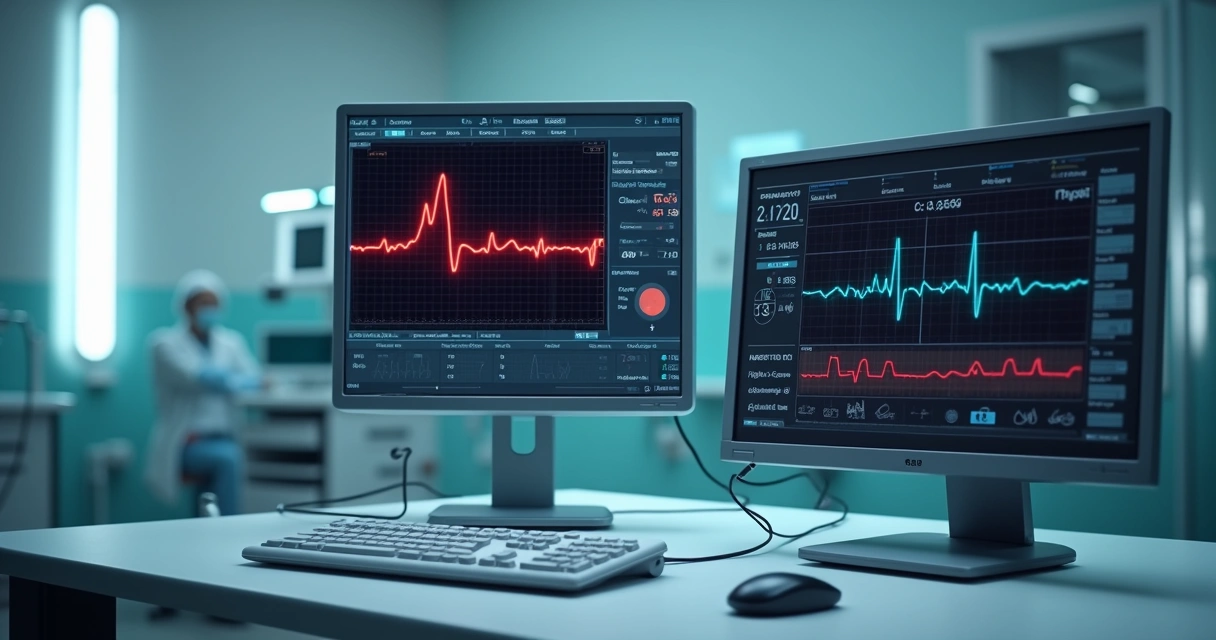 Estação médica com eletrocardiógrafo, computador exibindo laudo digital de ECG e interface de plataforma online 