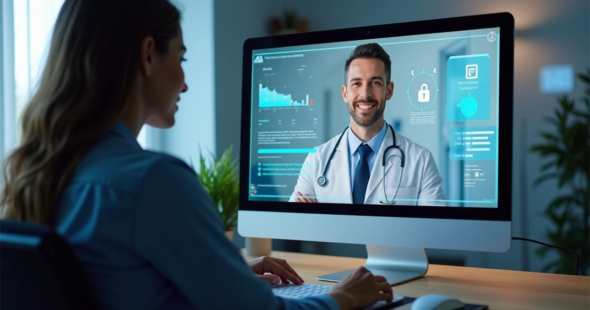 Consulta de telemedicina com médico e paciente em ambiente protegido
