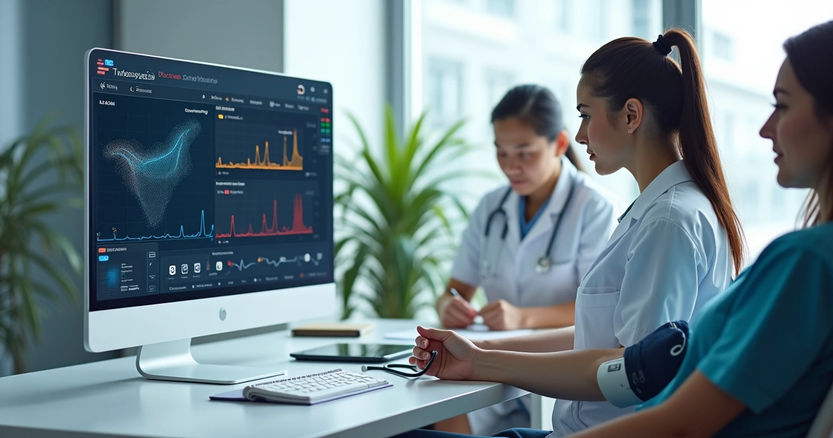 Médica analisando exames de MAPA e Holter no computador em clínica moderna 