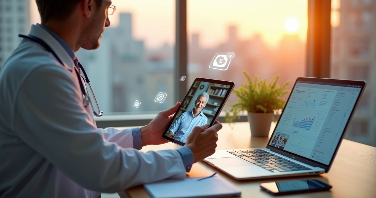 Médico atendendo paciente por telemedicina segurando tablet na clínica 