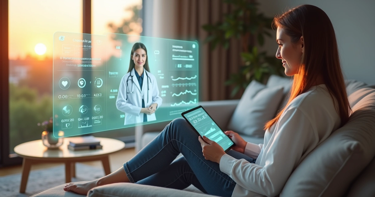 Paciente em casa acompanhado por painel digital de saúde com médica em videoconferência 