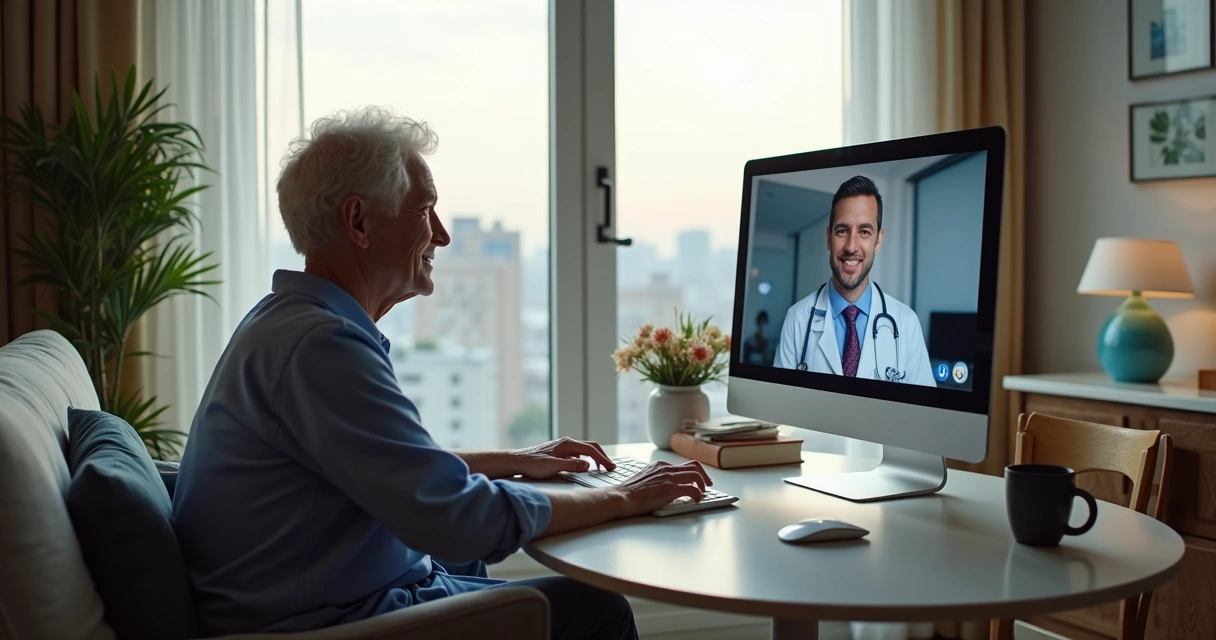 Paciente usando telemedicina para consulta oncológica em ambiente urbano 