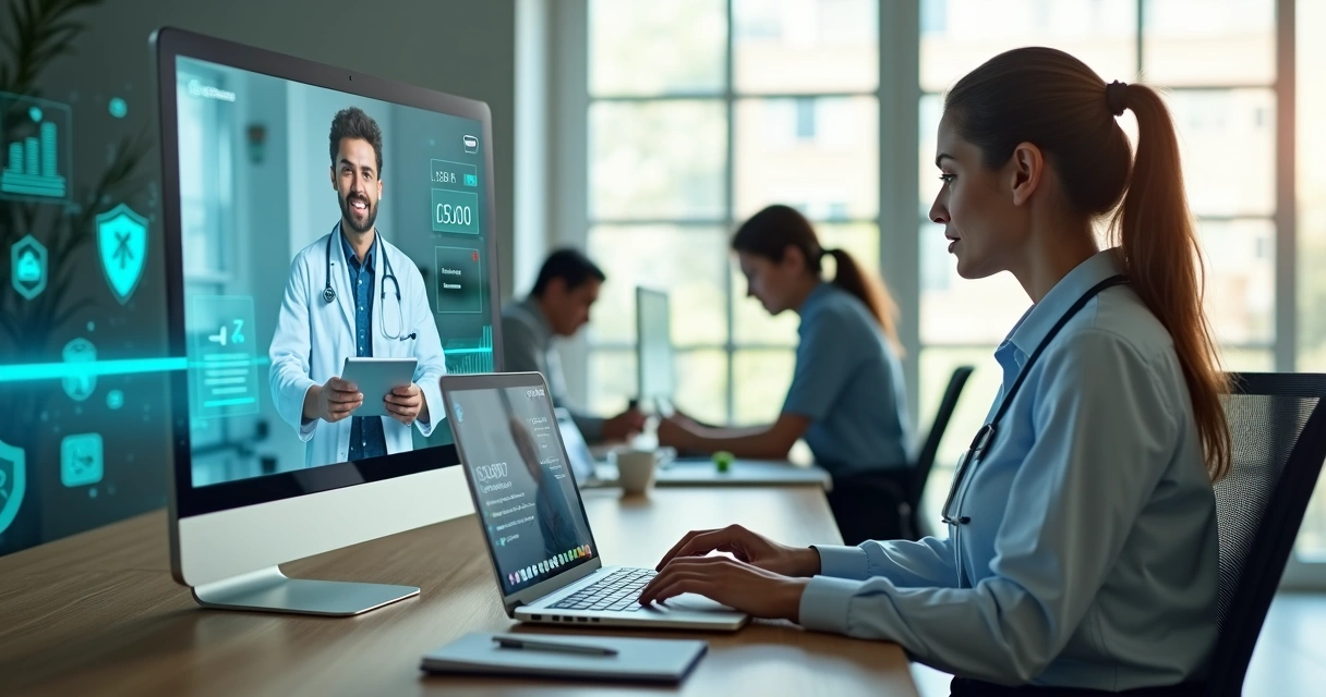 Médico em videochamada atendendo colaboradora de pequena empresa no escritório 