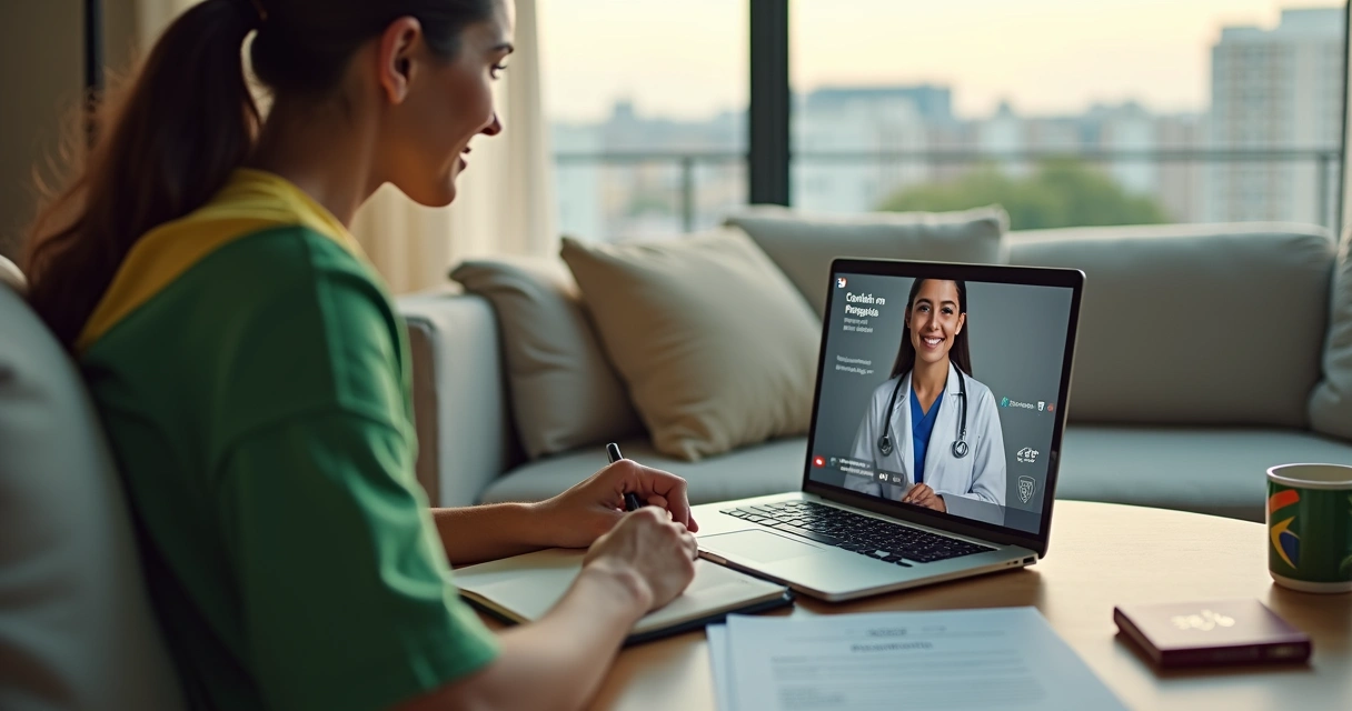Paciente brasileiro em teleconsulta em casa conversando com médica na tela do laptop 