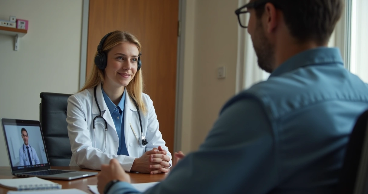 Paciente em teleconsulta com notebook e fones em ambiente reservado